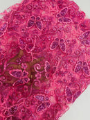 Butterflies Swirl Design - Pink -  Metallic Sequins Butterflies on Lace Fabric By Yard