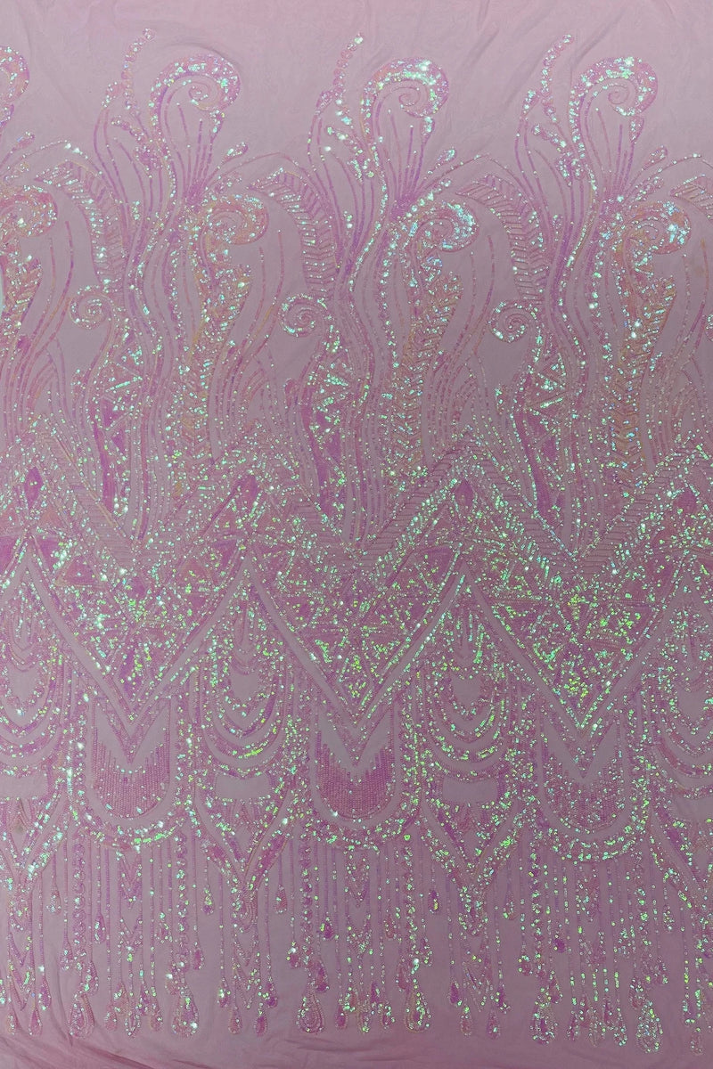 Zig Zag Tear Drop Sequins - Pink - Embroidered Zig Zag Sequins 4 Way Stretch By Yard