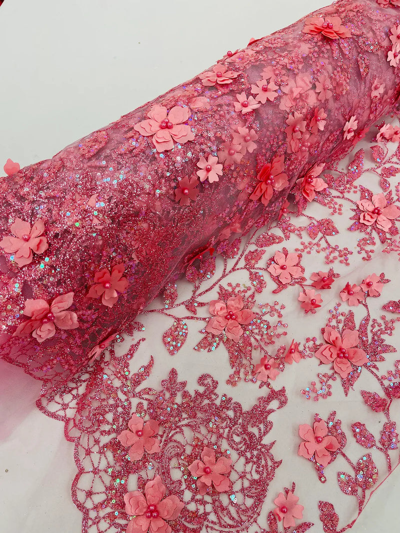 3D Glitter Floral Fabric - Pink - Glitter Sequin Flower Design on Lace Mesh Fabric by Yard