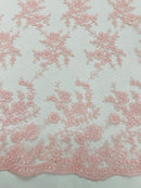 Floral Cluster Corded Fabric - Pink - Fancy Flower Embroidery Lace Mesh Fabric By Yard