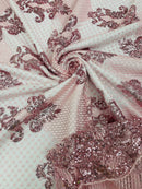 King Damask Lace Fabric - Pink - Corded Embroidery with Sequins on Mesh Lace Fabric By Yard