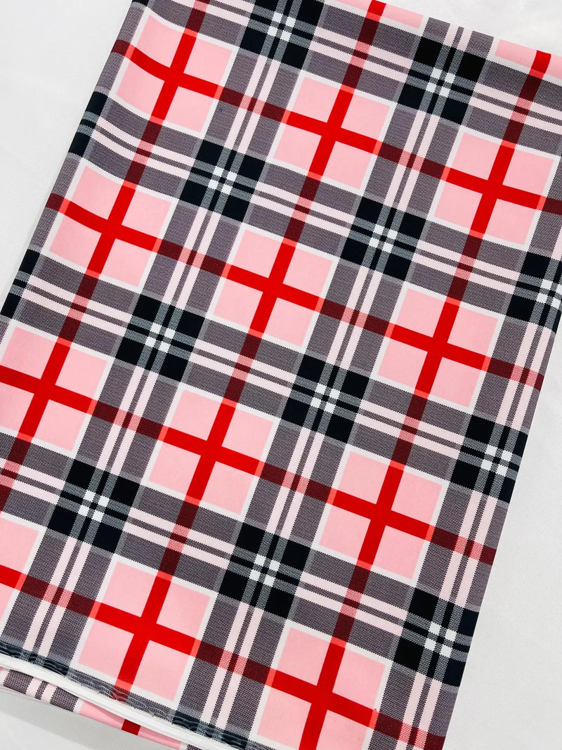 58-60" Plaid Print Milliskin Fabric - Pink - Spandex 4 Way Stretch Plaid Fabric Sold by Yard