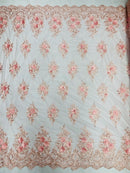 3D Floral Fabric with Pearls - Pink - Embroidered Flower and Leaf Patterns on Lace Fabric by Yard