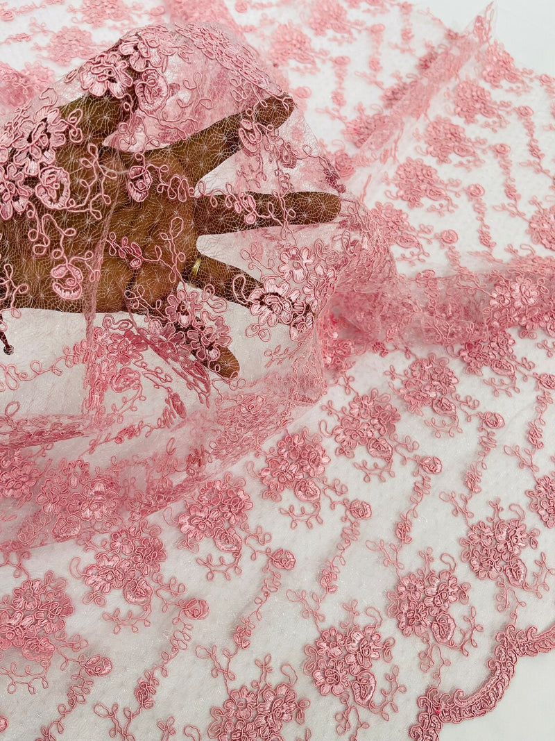 Jasmine Flower Fabric - Pink - Embroidered Floral Design Lace Mesh Bridal Fabric By Yard