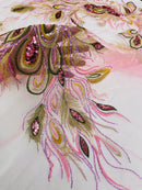 Peacock Feathers Design Lace - Pink - Embroidered Multi-Color Peacock Lace Fabric Sold by Panel