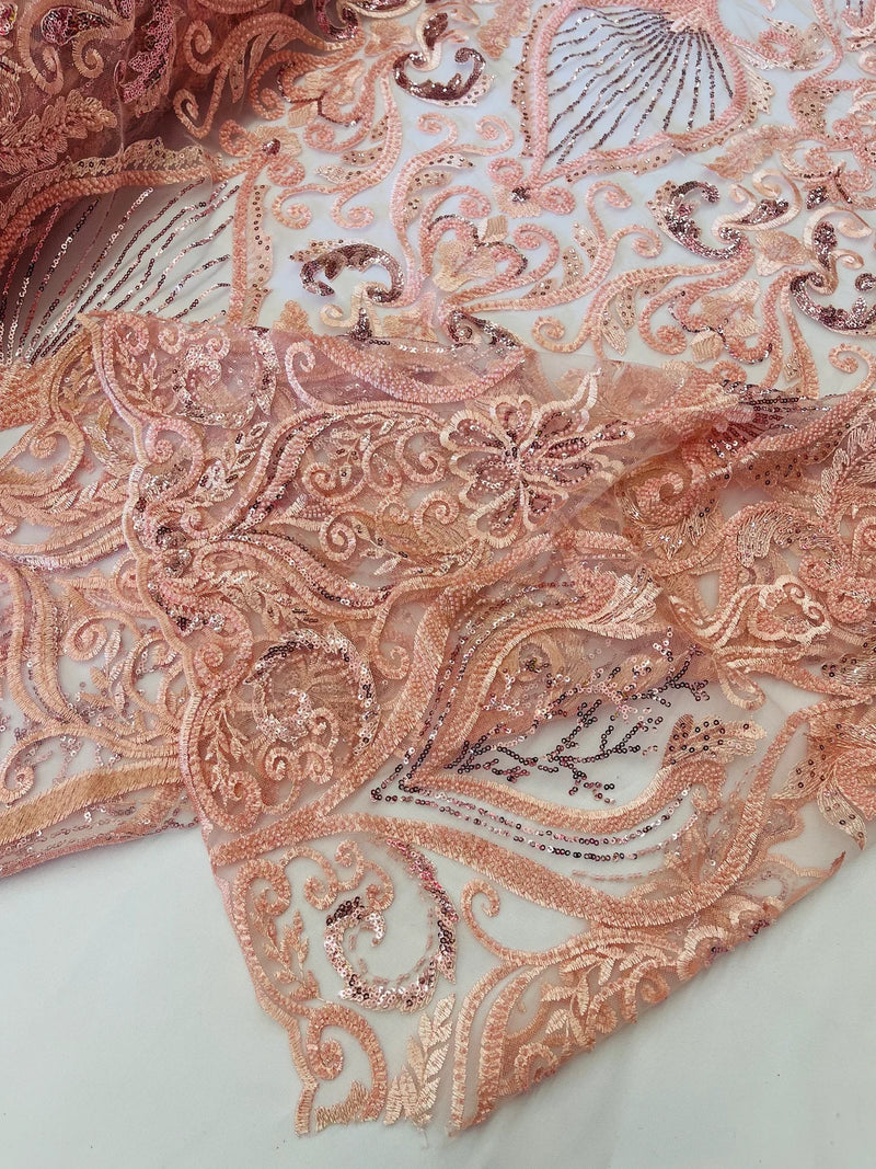 Leaf Damask Bead Fabric - Pink - Embroidered Sequins Heavy Beaded Lace Fabric by Yard