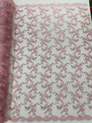 Sequin Lace Floral Fabric - Pink - Flower Embroidered Sequins Lace Fabric Sold By Yard