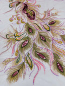 Peacock Feathers Design Lace - Pink - Embroidered Multi-Color Peacock Lace Fabric Sold by Panel
