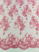 Beaded Sequins Floral Fabric - Pink - Embroidered Beaded Floral Clusters Sequins Fabric By Yard