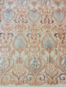 Leaf Damask Bead Fabric - Pink - Embroidered Sequins Heavy Beaded Lace Fabric by Yard