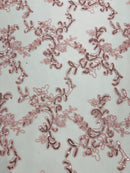 Sequin Lace Floral Fabric - Pink - Flower Embroidered Sequins Lace Fabric Sold By Yard