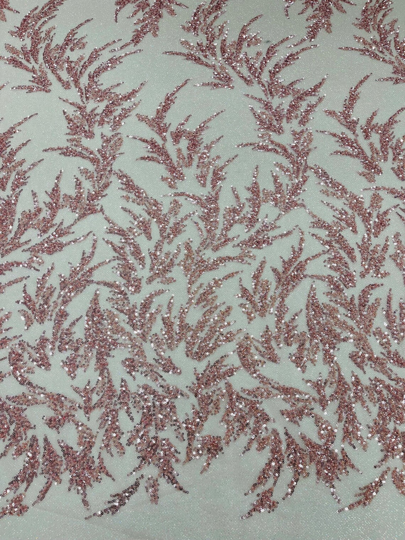 Plant Cluster Glitter Fabric - Pink - Beaded Embroidered Leaf Plant Design on Lace Mesh By Yard