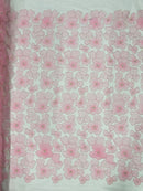 3D Tulle Flower Bead Fabric - Pink - Mesh Flowers with Small Pearls and Beads By The Yard