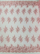 Flower Lace Sequins Fabric - Pink - Embroidered Floral Pattern Fabric with Sequins on Lace By Yard