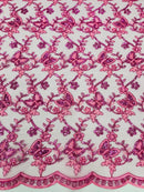 Metallic Floral Butterfly Fabric - Pink - Embroidered Floral Butterfly Design Mesh Fabric by Yard
