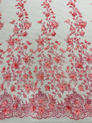 3D Glitter Floral Fabric - Pink - Glitter Sequin Flower Design on Lace Mesh Fabric by Yard