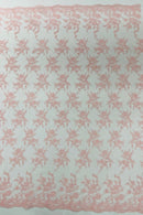 Floral Cluster Corded Fabric - Pink - Fancy Flower Embroidery Lace Mesh Fabric By Yard
