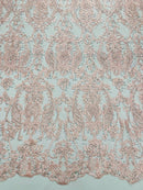 Rhinestone Design Fabric - Pink - Beaded Damask Design Embroidery Corded Lace  by Yard