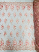 3D Floral Fabric with Pearls - Pink - Embroidered Flower and Leaf Patterns on Lace Fabric by Yard