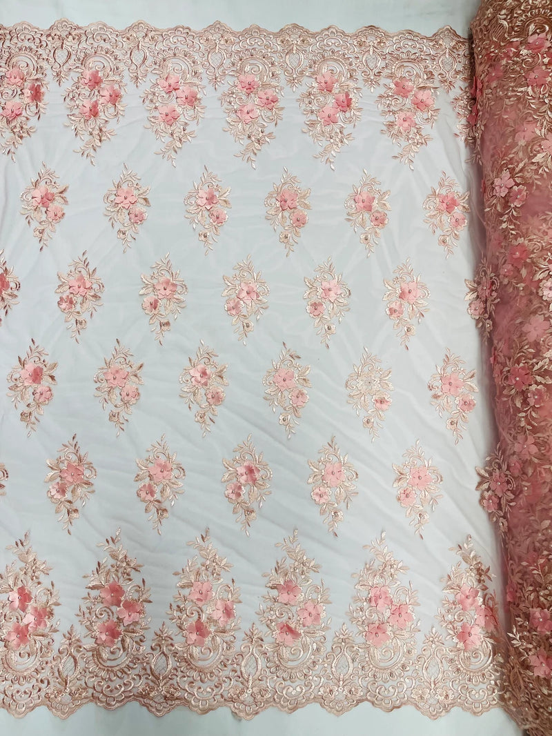 3D Floral Fabric with Pearls - Pink - Embroidered Flower and Leaf Patt