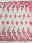 Rose Beaded Sequin Fabric - Pink - Embroidered Floral Pattern with Beads and Sequins By Yard