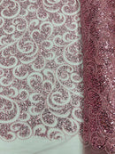 Swirl Design Bead Fabric - Pink - Beaded Swirl Design with Sequins on Mesh Lace by Yard