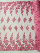 Rose Beaded Sequin Fabric - Pink - Embroidered Floral Pattern with Beads and Sequins By Yard