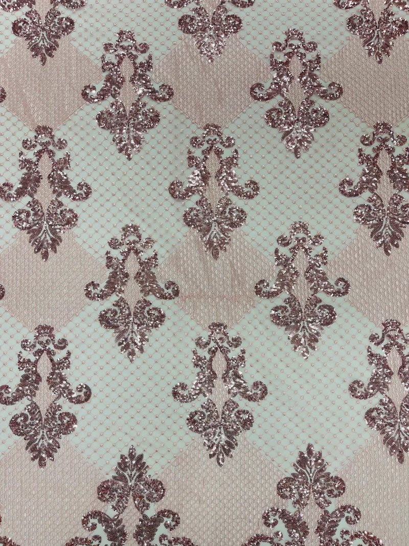 King Damask Lace Fabric - Pink - Corded Embroidery with Sequins on Mesh Lace Fabric By Yard