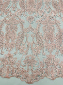 Rhinestone Design Fabric - Pink - Beaded Damask Design Embroidery Corded Lace  by Yard