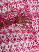 Metallic Floral Butterfly Fabric - Pink - Embroidered Floral Butterfly Design Mesh Fabric by Yard