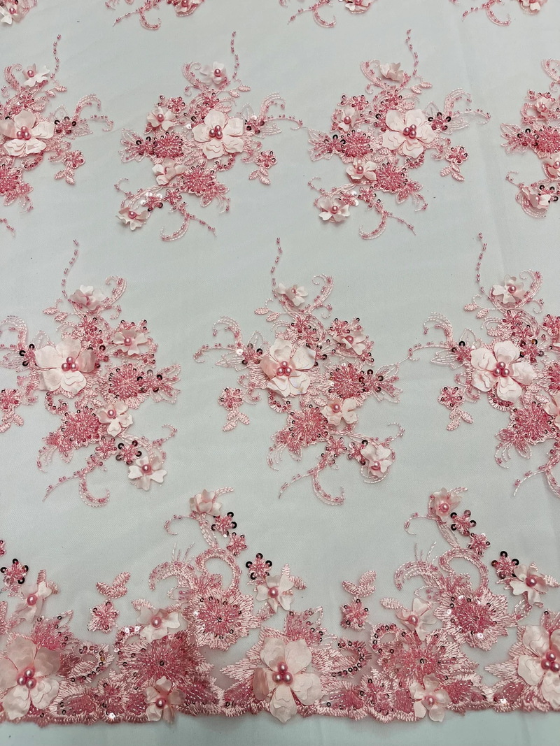 3D Flower Pearl Design - Pink - Embroidered Sequins Floral Clusters Lace Fabric By Yard