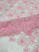 3D Tulle Flower Bead Fabric - Pink - Mesh Flowers with Small Pearls and Beads By The Yard