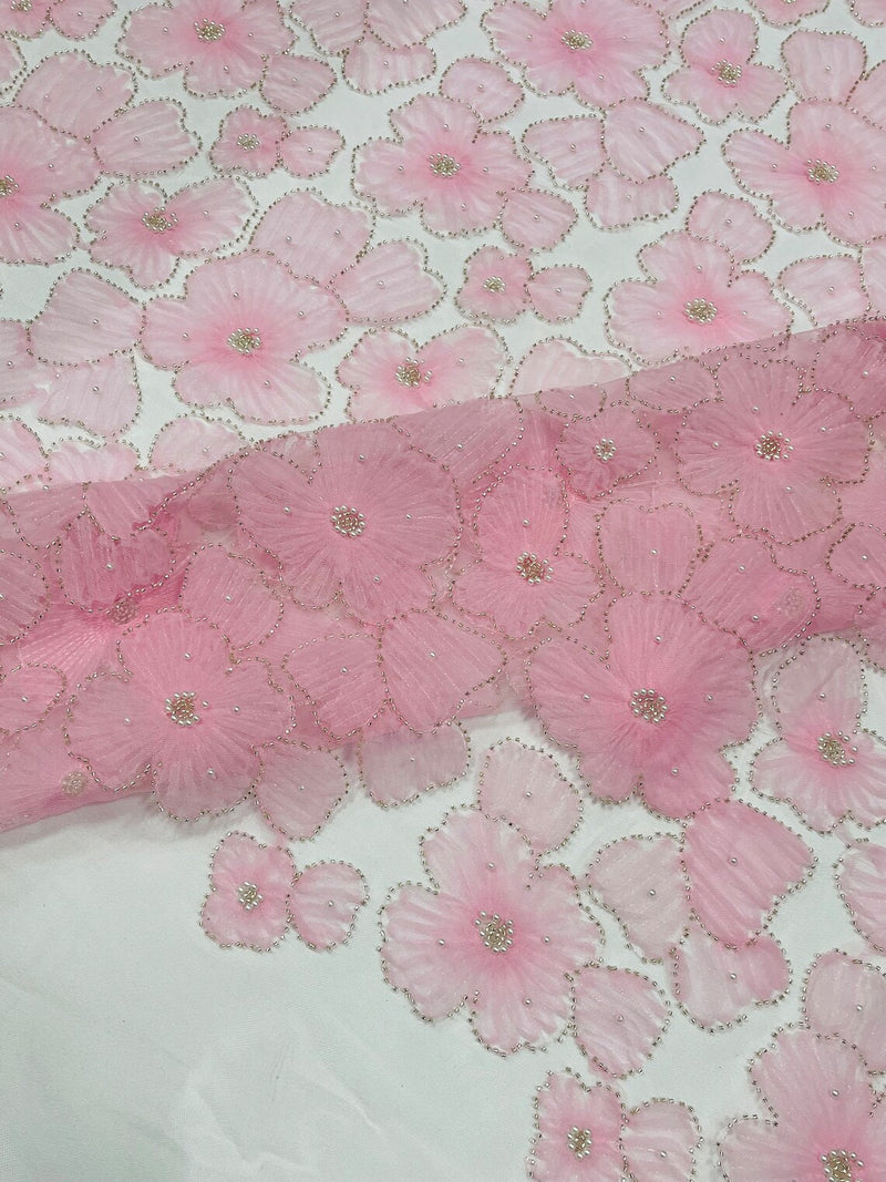 3D Tulle Flower Bead Fabric - Pink - Mesh Flowers with Small Pearls and Beads By The Yard