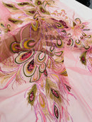 Peacock Feathers Design Lace - Pink - Embroidered Multi-Color Peacock Lace Fabric Sold by Panel