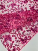 Butterflies Swirl Design - Pink -  Metallic Sequins Butterflies on Lace Fabric By Yard