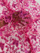 Butterflies Swirl Design - Pink -  Metallic Sequins Butterflies on Lace Fabric By Yard