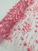 3D Floral Glitter Fabric - Pink - 3D Sequins and Glitter Floral Design on Mesh Sold By Yard