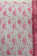 3D Floral Glitter Fabric - Pink - 3D Sequins and Glitter Floral Design on Mesh Sold By Yard