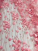3D Floral Glitter Fabric - Pink - 3D Sequins and Glitter Floral Design on Mesh Sold By Yard