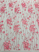 3D Floral Glitter Fabric - Pink - 3D Sequins and Glitter Floral Design on Mesh Sold By Yard