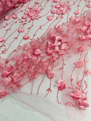 3D Floral Glitter Fabric - Pink - 3D Sequins and Glitter Floral Design on Mesh Sold By Yard