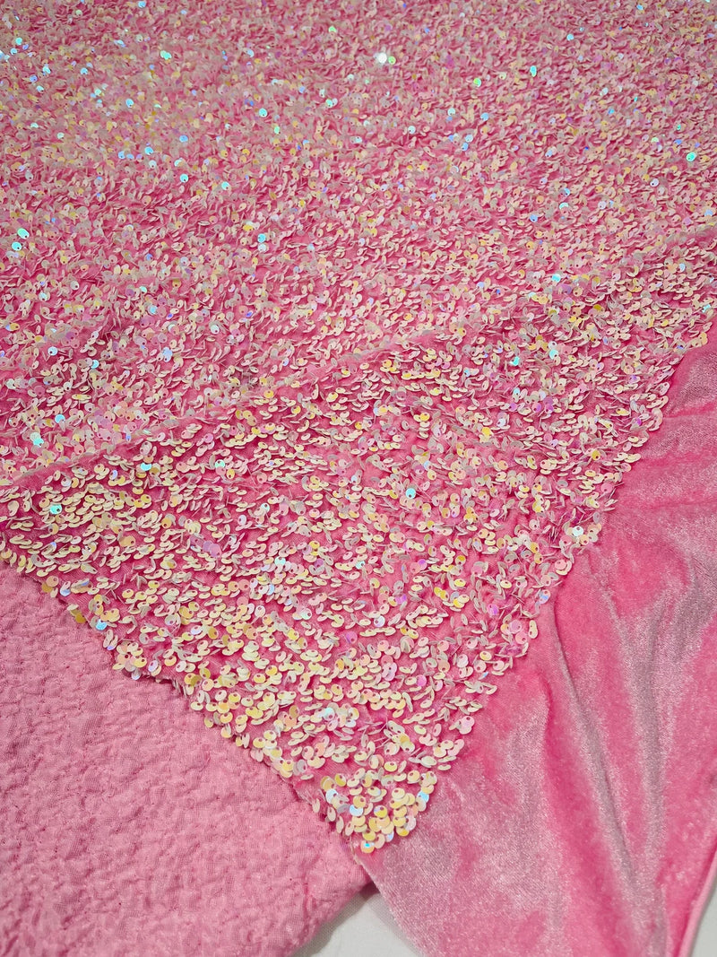 58/60" Velvet Sequins Stretch Fabric - Pink Iridescent - Velvet Sequins 2 Way Stretch Sold By Yard