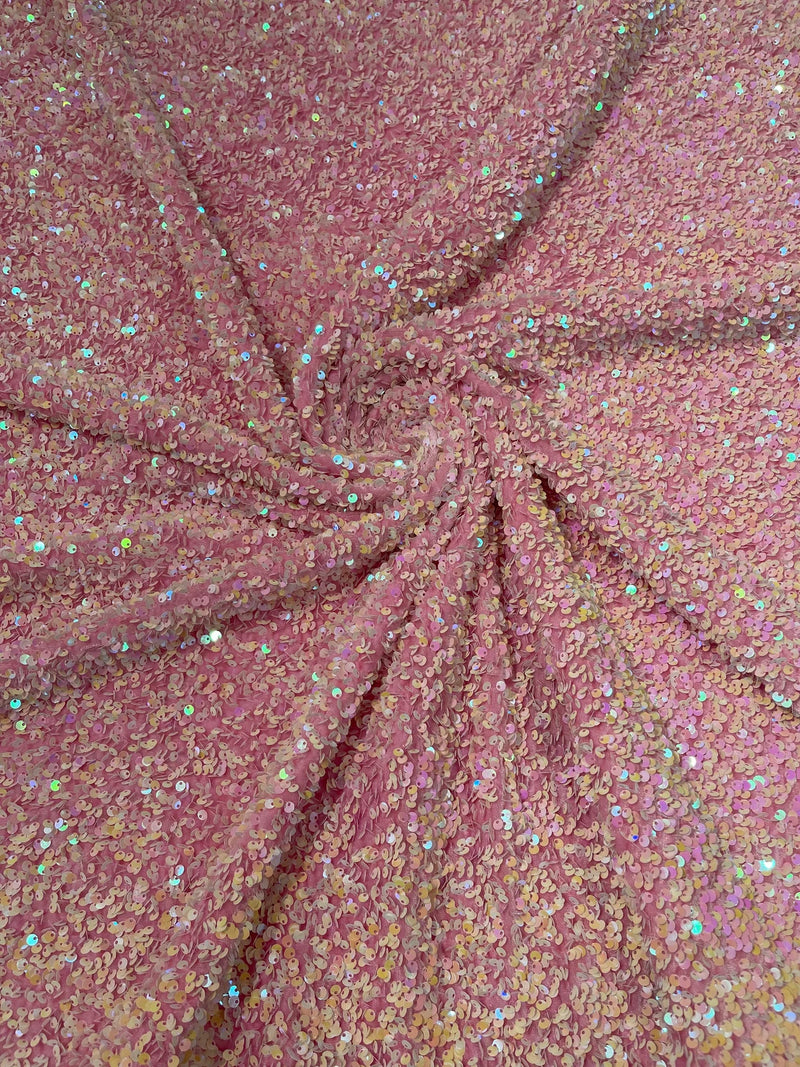 58/60" Velvet Sequins Stretch Fabric - Pink Iridescent - Velvet Sequins 2 Way Stretch Sold By Yard