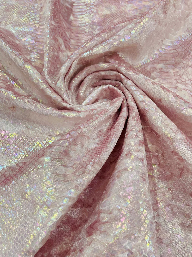 Pink Iridescent Illusion Anaconda Foil Printed On Stretch Velvet - Sold By The Yard