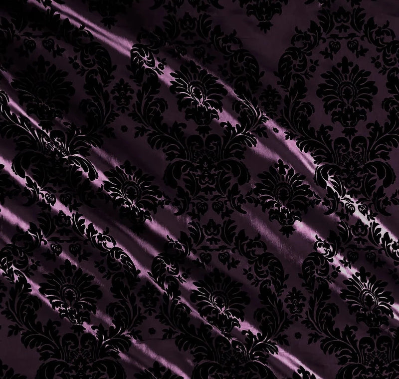 Flocked Damask Taffeta Fabric - Flocked Velvet Fancy Damask Design Taffeta Sold By Yard