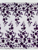 Floral 3D Pearl Fabric - Plum - Embroidered Double Border Flower Design Pearl Fabric By Yard
