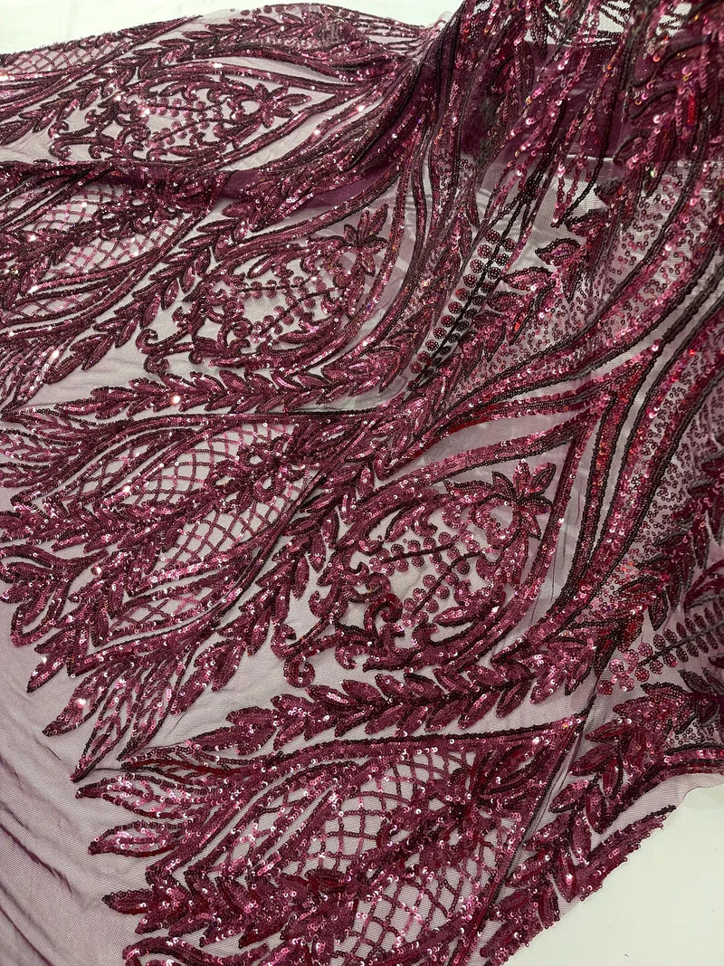 Mermaid Design Fabric - Plum - 4 Way Stretch Sequins Fabric on Lace Mesh Sold By Yard