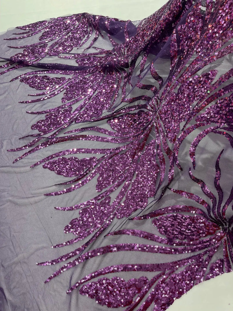 Wavy Leaf Design Fabric - Plum - 4 Way Stretch Sequins Lace Mesh Leaf Design Fabric by Yard