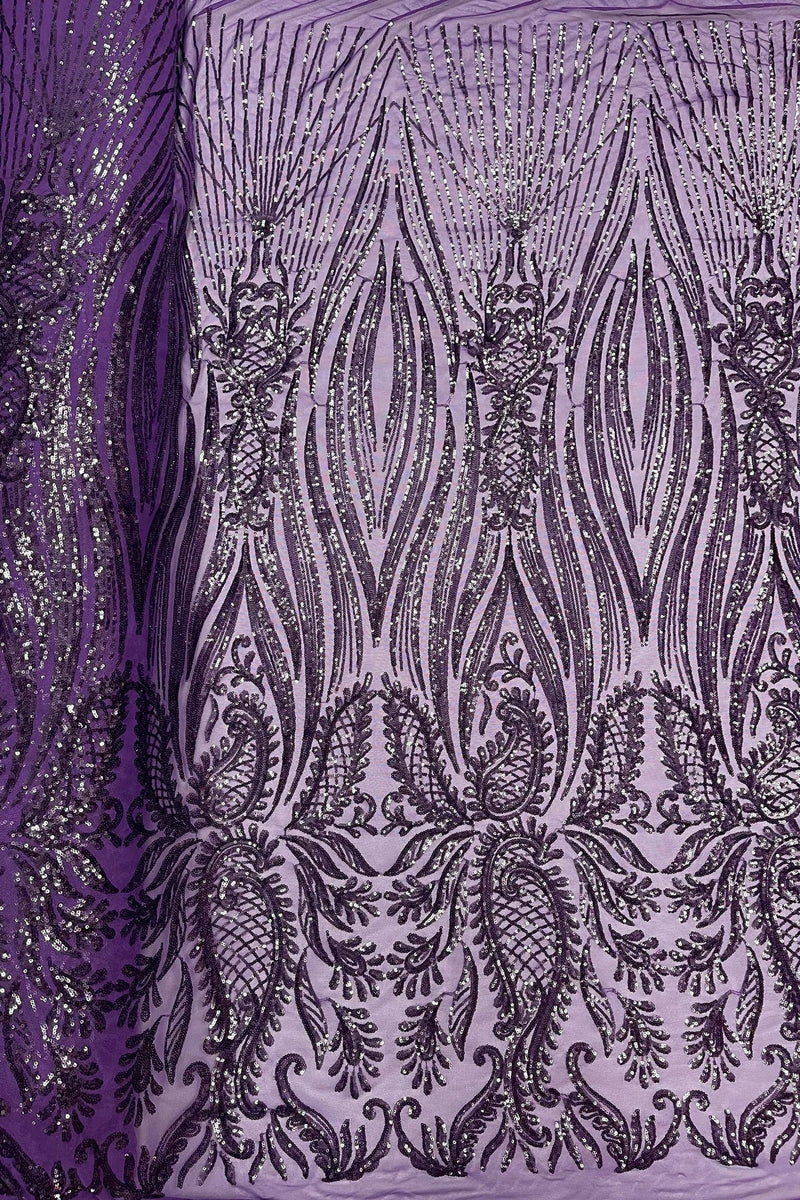 Paisley Lines Sequin Fabric - Plum - 4 Way Stretch Fancy Fabric By The Yard