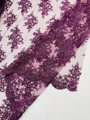Floral Bridal Lace - Plum - Flower Damask Design Embroidered on Mesh Lace Fabric